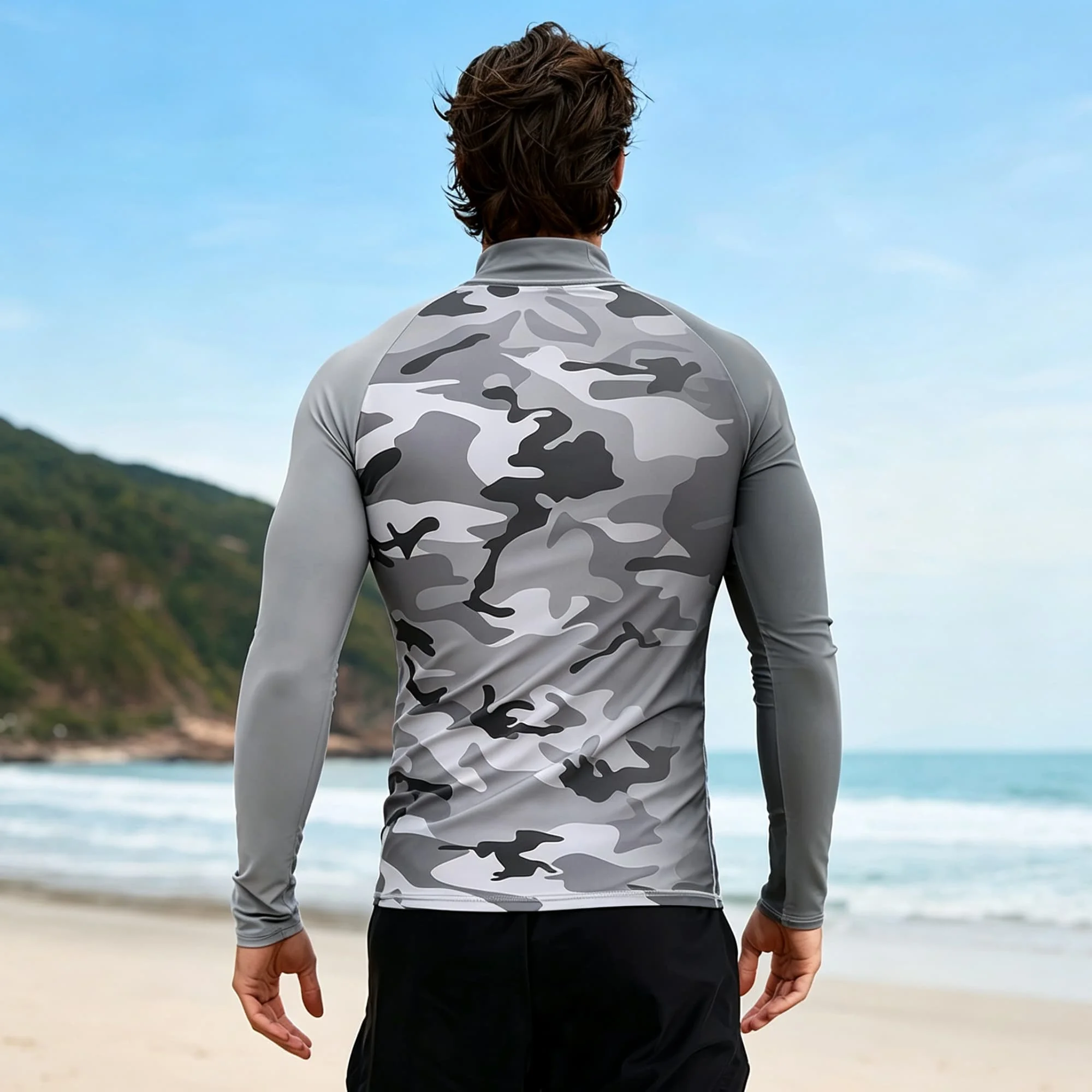 Classic Camo Pattern Men Water Sports Mock Neck Long‑Sleeve Tee Grey Camouflage Sportswear For Surf Snorkel Outdoor Recreation