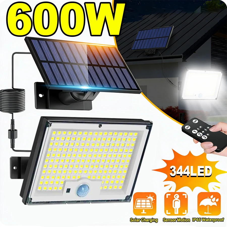 600W 344LED Solar Security Lights Outdoor Motion Sensor Waterproof 3 Modes Split Solar Flood Wall Light for Garden Yard Gara