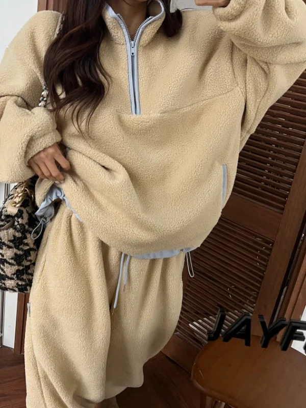 Korean Sle Warm Fluffy Loose Waist Sweatirt Women's Outerwear Elastic Waist Sweatpants Two-Piece Set Faionable Versatile