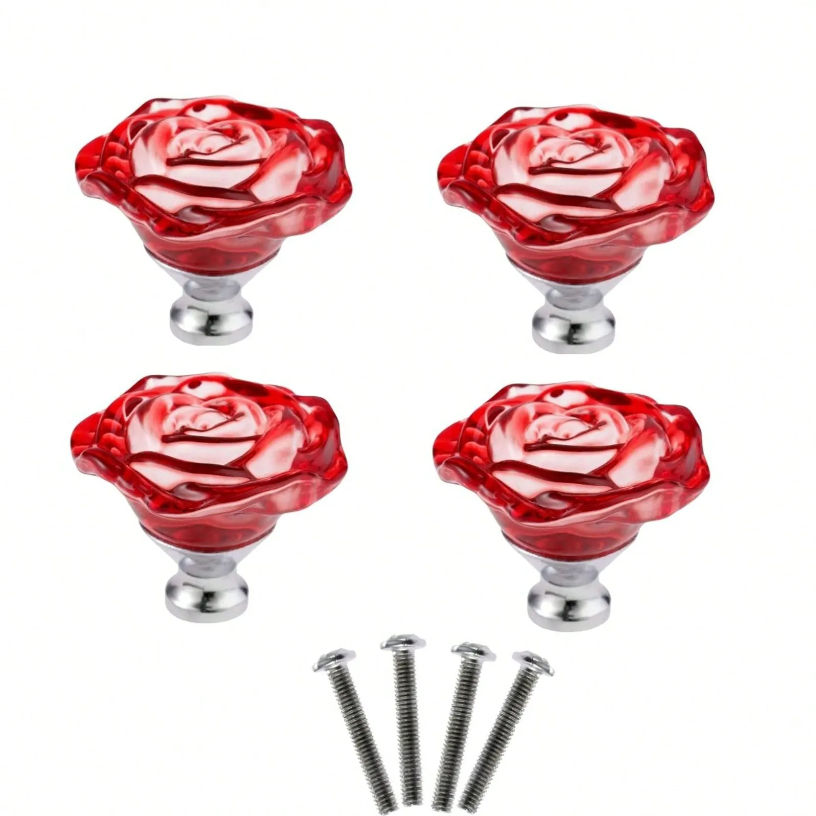 

4 Pcs Red Glass Knobs Rose Shape Crystal Drawer Pulls 50mm Diameter Dresser Handles Set for Bathroom Kitchen Office with Screws