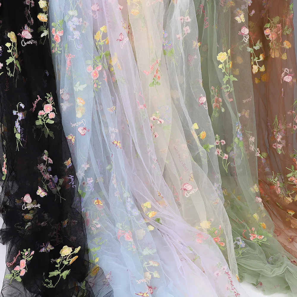 Ins Style Spring Summer Floral Embroidered Mesh Women Dress, Fresh Floral Tulle Table Runner for Wedding & Party Scene Decor
