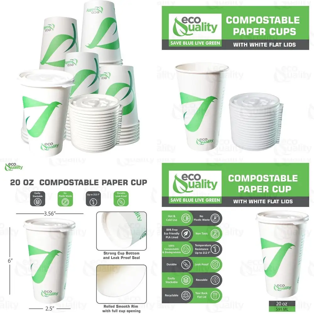 

Eco-Friendly Biodegradable Paper Cups - 20 oz Compostable Cups with PLA Lined White Lids for Coffee - Sustainable Disposable Cup