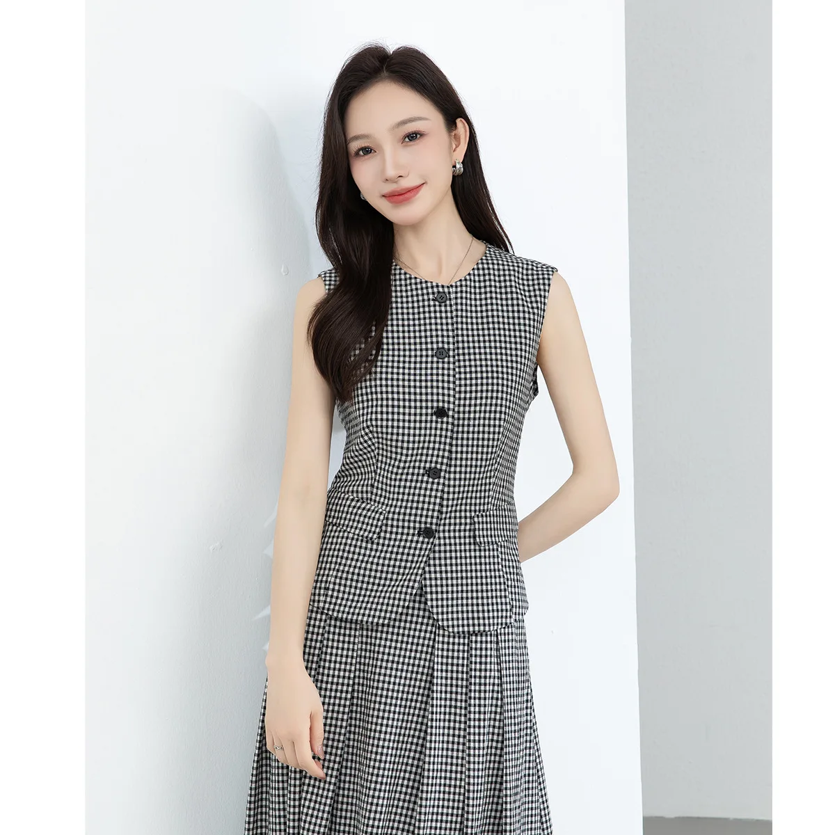 

Slimming Cotton Linen f Skirt Set with Retro round Ne Bla White Cheered Vest Women's Design Sensation Elastic Skirt