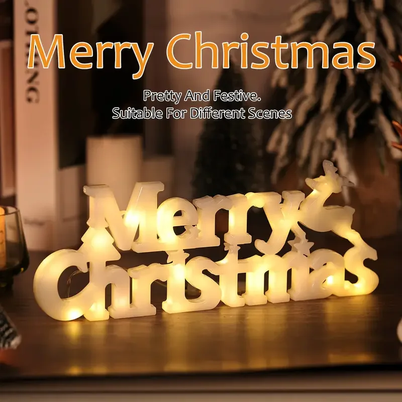 LED 3D Merry Christmas Letter Marquee Light Standing Tabletop Sign Festive Holiday Party Home Decoration Ornament Decor