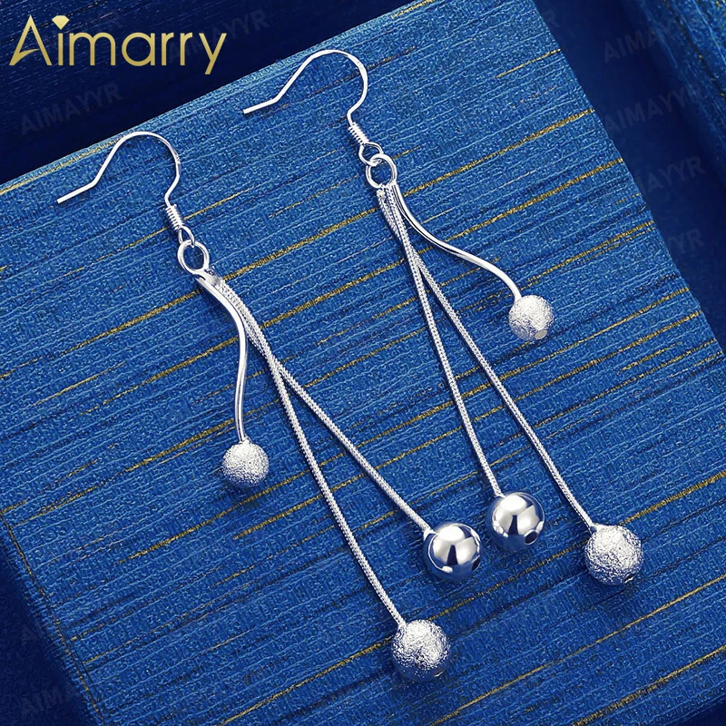 925 Sterling Silver Tassel Frosted Smooth Round Bead Earrings for Women's Parties Banquets Weddings High-quality Fashion Jewelry