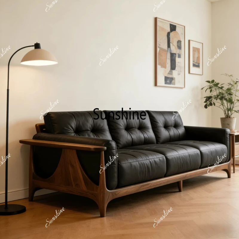 

New Chinese style, solid wood sofa living room, classic retro light luxury minimalist leather cloth living room furniture