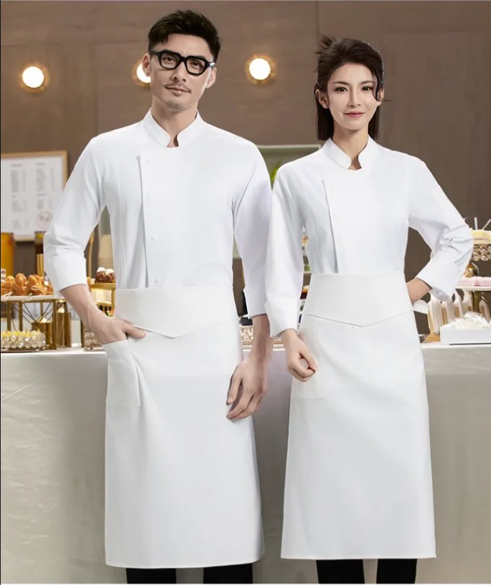 Uniforme de Chef para hombre, chaqueta de Chef con delantal, abrigo de cocinero de restaurante de manga larga, camiseta de Chef, uniforme de trabajo, ropa de Hotel de camarero con logotipo