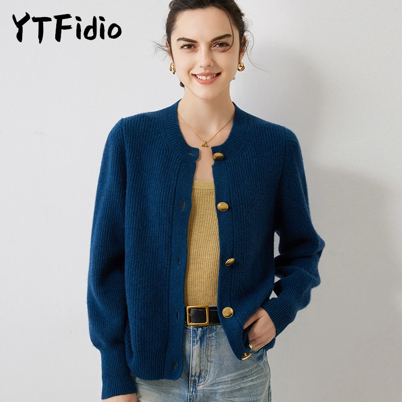 YTFidio 100% Cashmere Women Five Button O-neck Cardigan Causal Coats Solid Warm Knitwear Tops Sweater 29