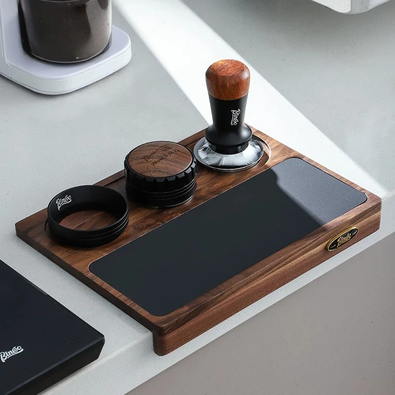 Walnut Coffee Tamping Station, 51mm 58mm Tool Organizer with Washable Non-Slip PVC Pad, Solid Wood Corner Tamp Stand for Counter