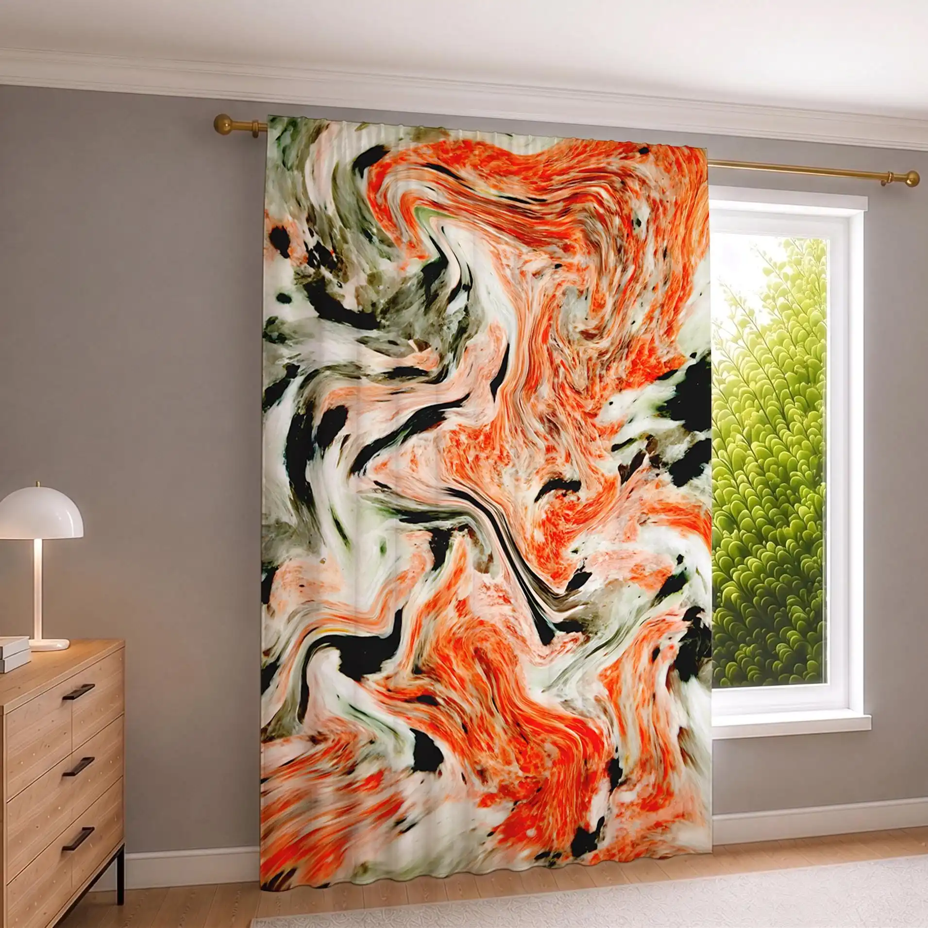 Abstract Watercolor Orange Red Swirl Curtain Panels for Living Room Home Decor Window Treatment