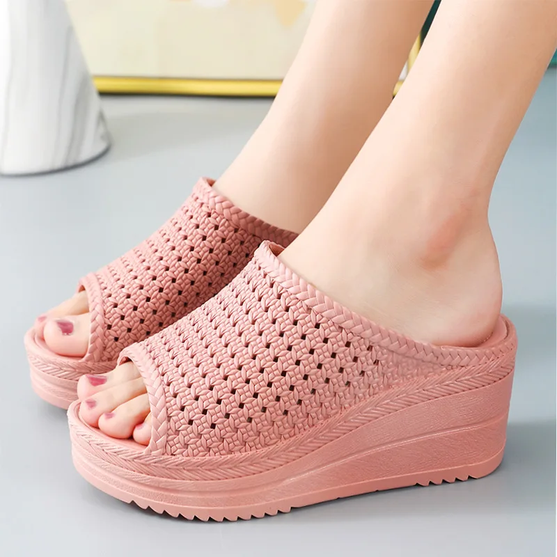 Women Shoes 2024 New Slippers High Heel Slippers Women Summer Sandals Wedge Women Sandals Thick Soled Casual Shoes PVC Material