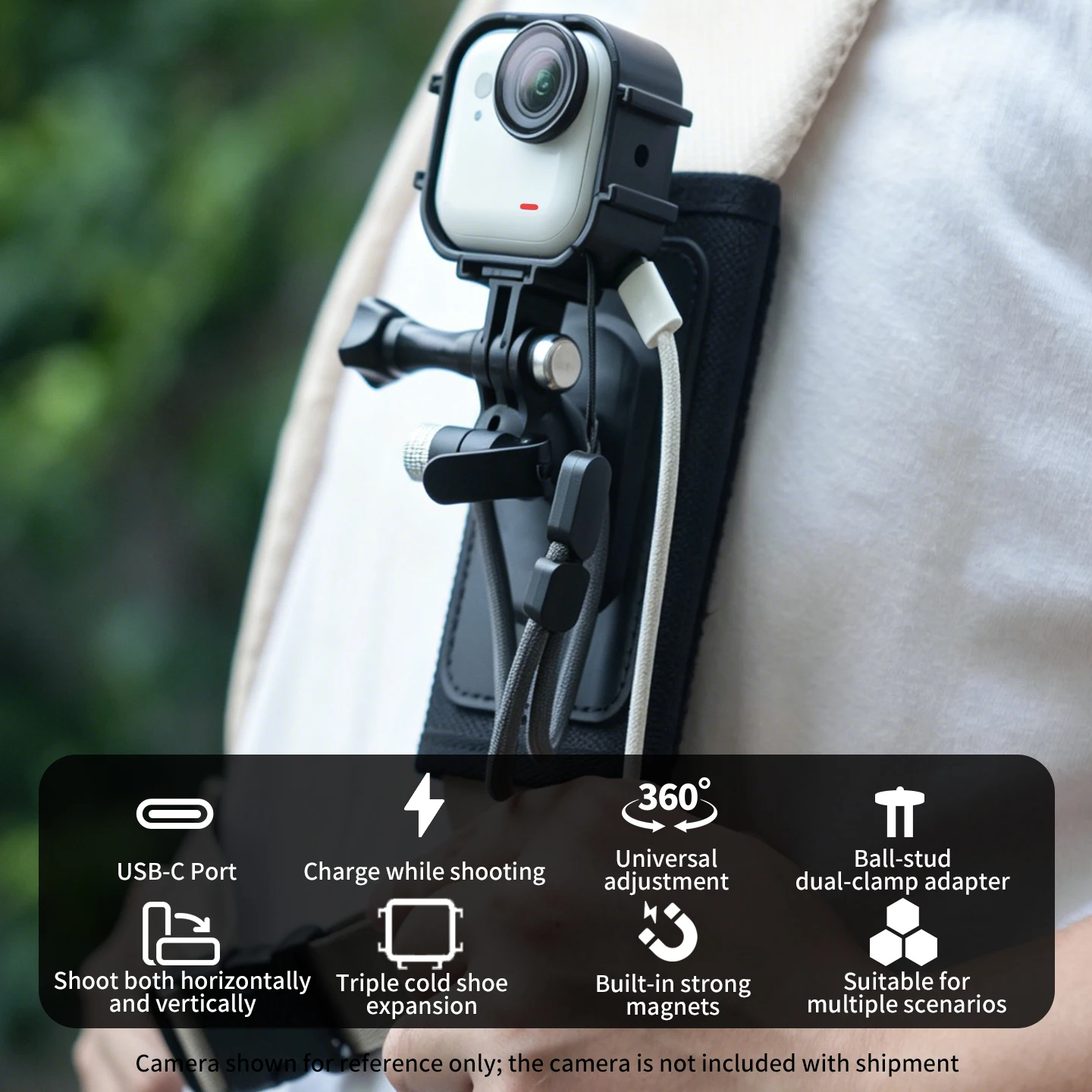 Magnetic Charging Cage for Insta360 GO Ultra Camera Ball Head One Key Lock Backpack Clip Mount for Shoulder Strap Hands Free POV