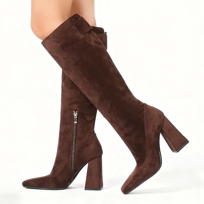 

Brown Suede Chunky Heel Knee High Boots Women Winter High Quality Square Toe Slim Long Boots Fashion Side Zipper Designer Shoes