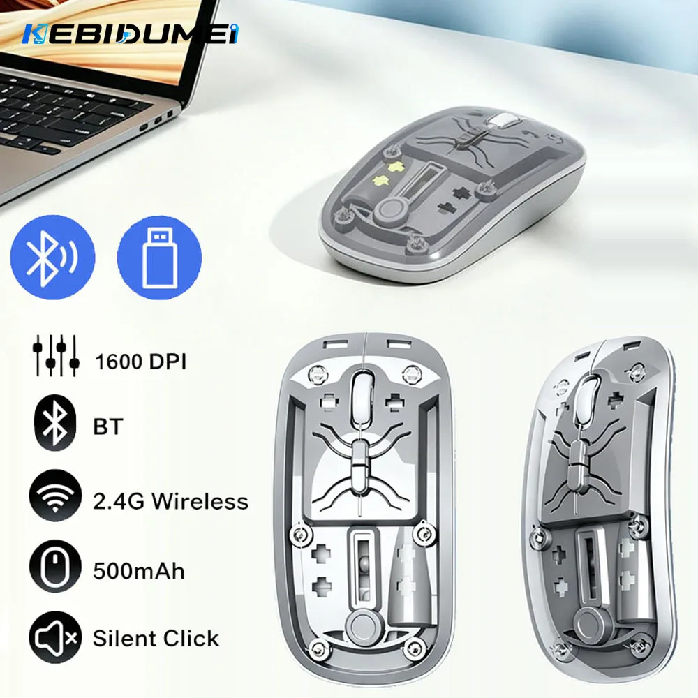 KEBIDUMEI Dual Mode Bluetooth Mouse 2.4G Wireless Mouse 500mAh Rechargeable Transparent Mouse 1600DPI Office Silent Mouse for PC