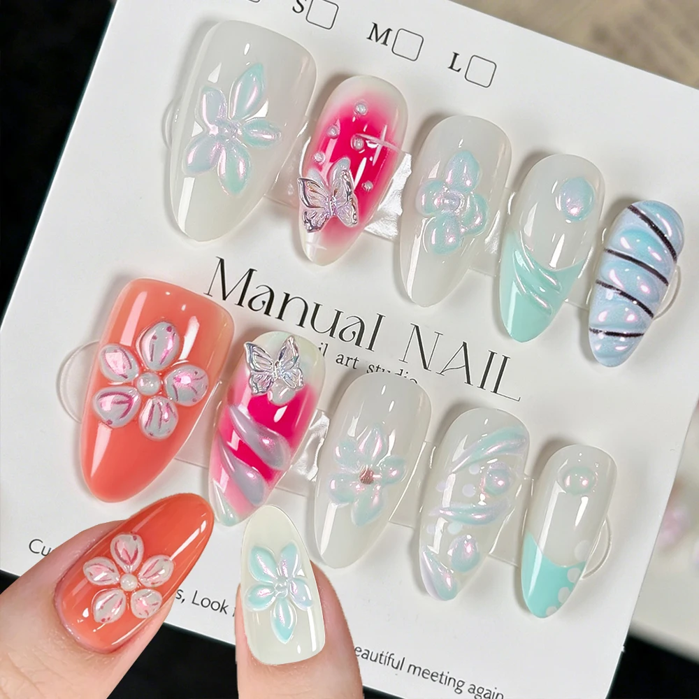 10pcs Colored Aurora Magic Mirror Powder Almond Fake Nails Pearl Effect Nail Powders Five-petaled Flower Full Cover False Nails