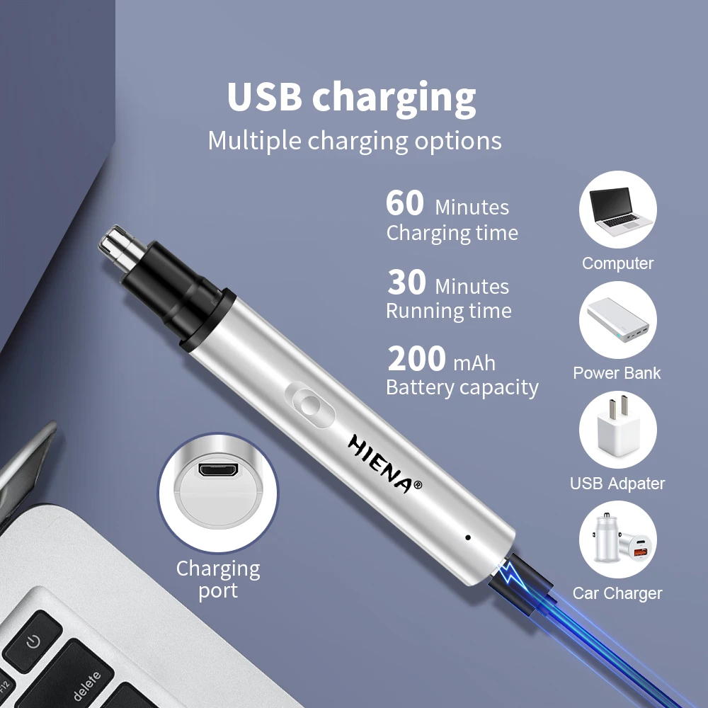 ماكينة تشذيب شعر الأنف مدمجة ومحمولة 360 درجة °   شفرة دوارة لإزالة الشعر القوية بمنفذ شحن USB