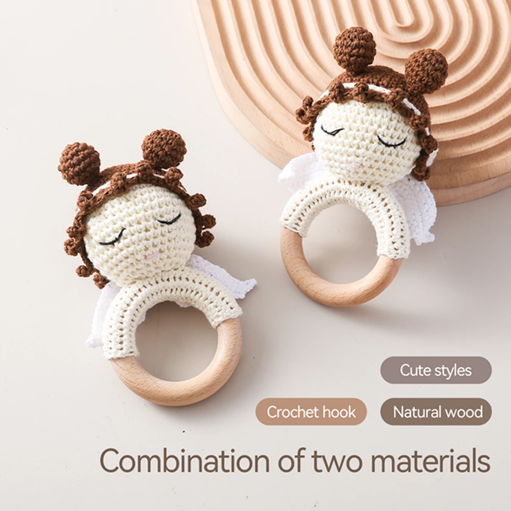 1PC Baby Crochet Rattle Toys Wooden Ring Bracelet Teether Toys Crochet Angel Wing Rodent Rattle for Newborn Teething Toys Gift