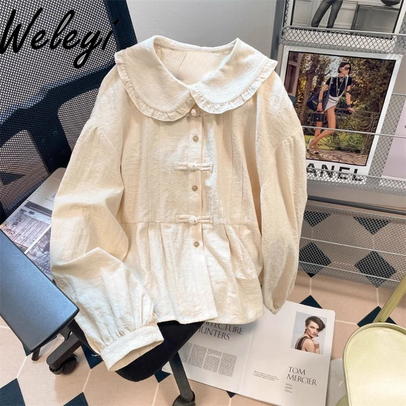 

French Style Buckle Doll Collar Shirt for Women 2024 Spring New Retro Small Inner Lantern Long Sleeve Loose Camisas E Blusas Top