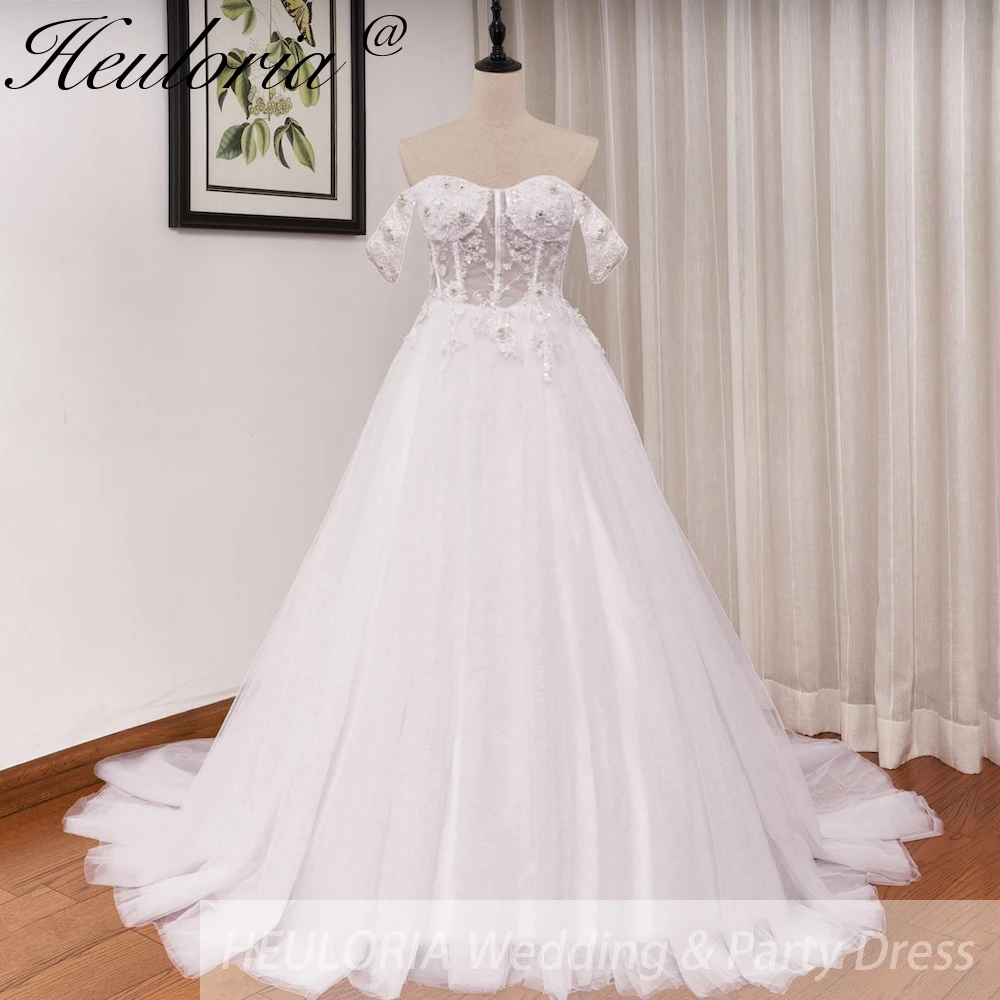 HEULORIA elegant A line wedding dress off shoulder lace beading bride dress with long train bridal gown Robe De Mariee