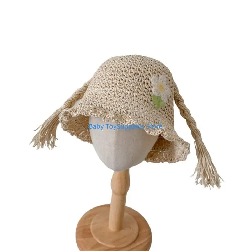 

R1WF Flower Braided Caps Kids Straw Woven Fisherman Hat Summer Girls Sunhat Baby Big Brimmed Travel Beach Bucket Hat