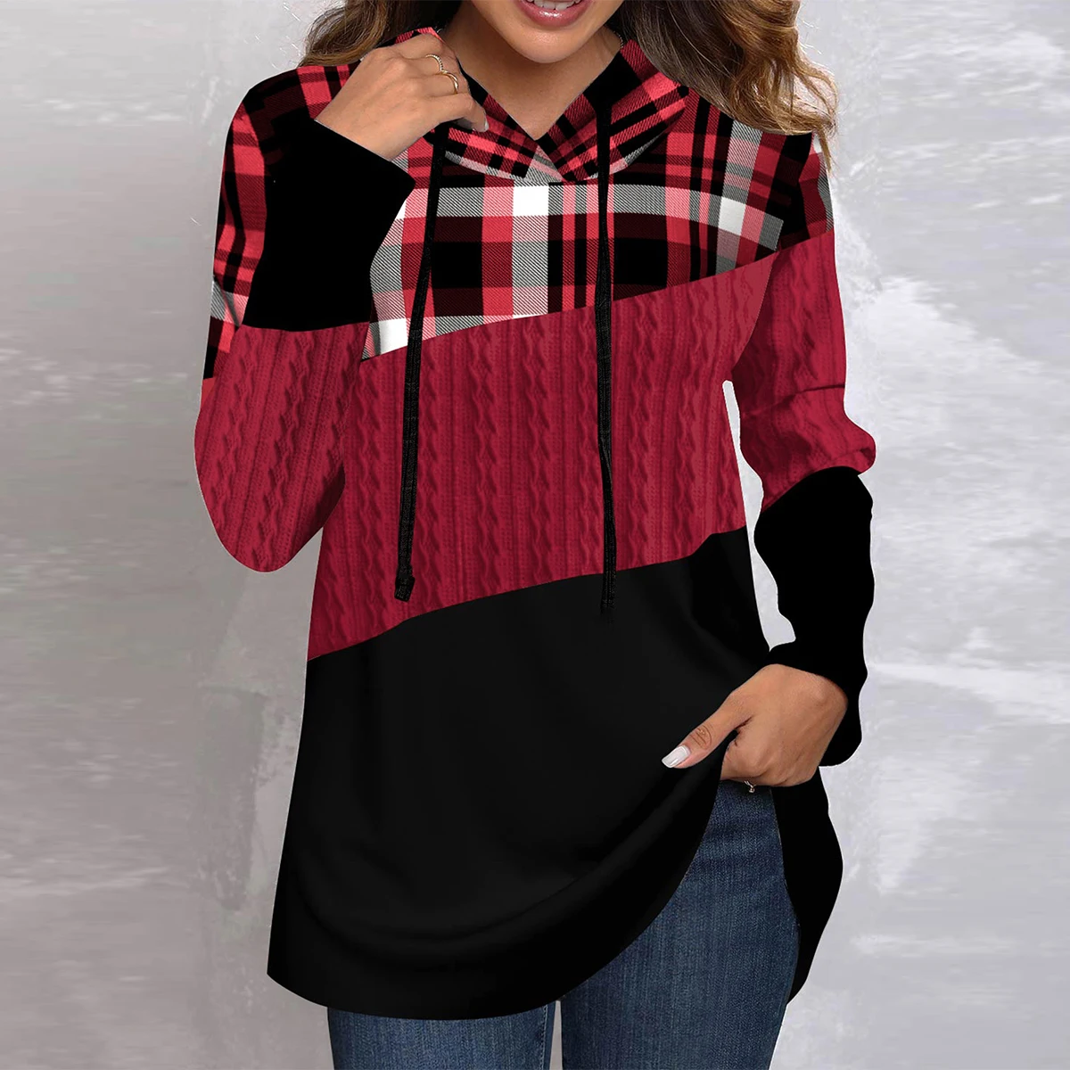 Women\'s casual Sweatshirt,Colorblock Plaid Print Long Sleeve Drawstring Hoodie