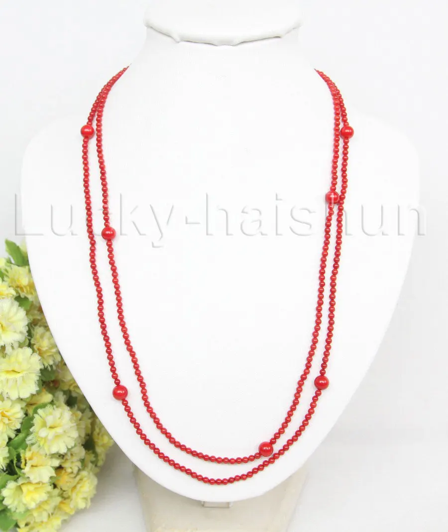 long Bracelet Genuine 50" 3mm 6mm round red Coral beads Strand necklace c2574
