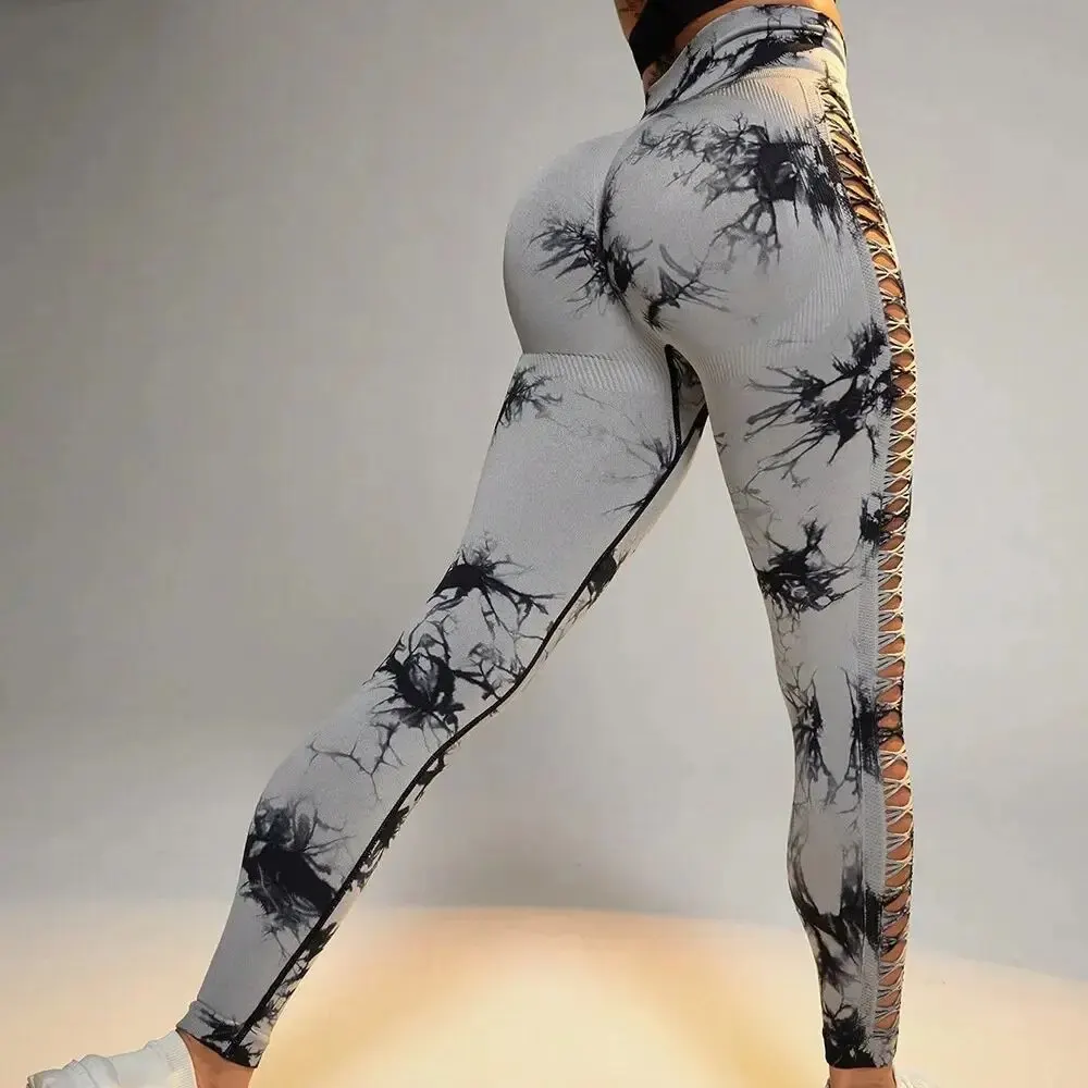 Women's Peach Hip Lift Outdoor Tight Exercise Fitness Pants Personalized Mesh Tie Dye Pants Abdominal Yoga Pants