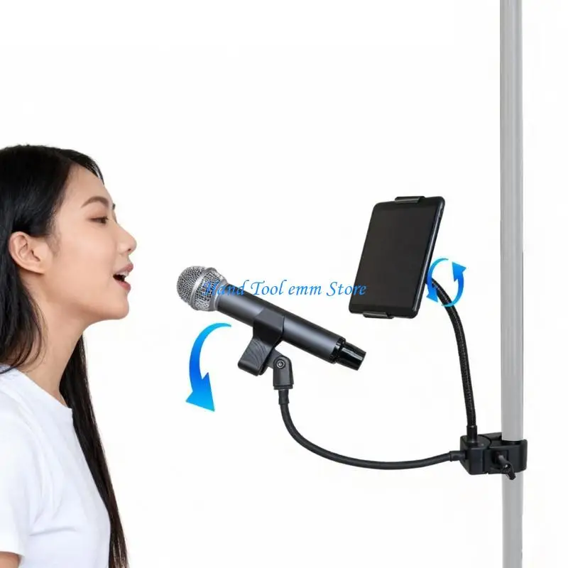 H37F Flexible Tablet And Phone Holder Mic Stand Adjusts From 15 To 25cm Wide Secures To Round Tubes Up To 50mm