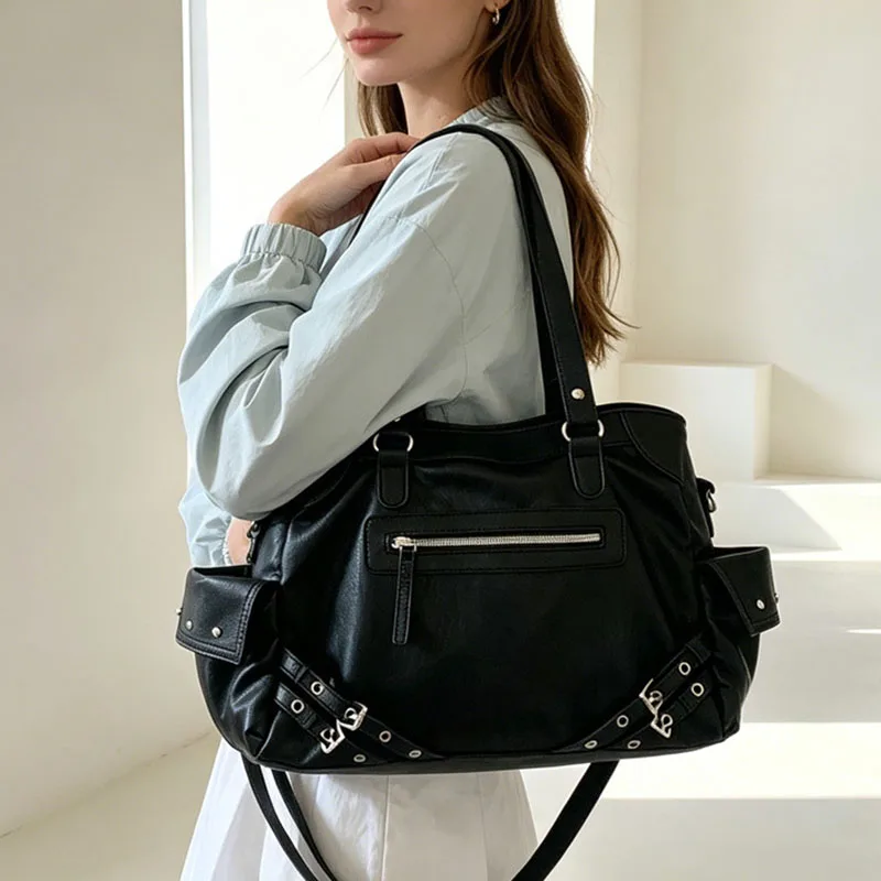 Vintage Motorcycle Bag New 2026 Large Capacity Fashionable Metal Rivet Casual Black White Shoulder Bag Crossbody Bag Tote Bag