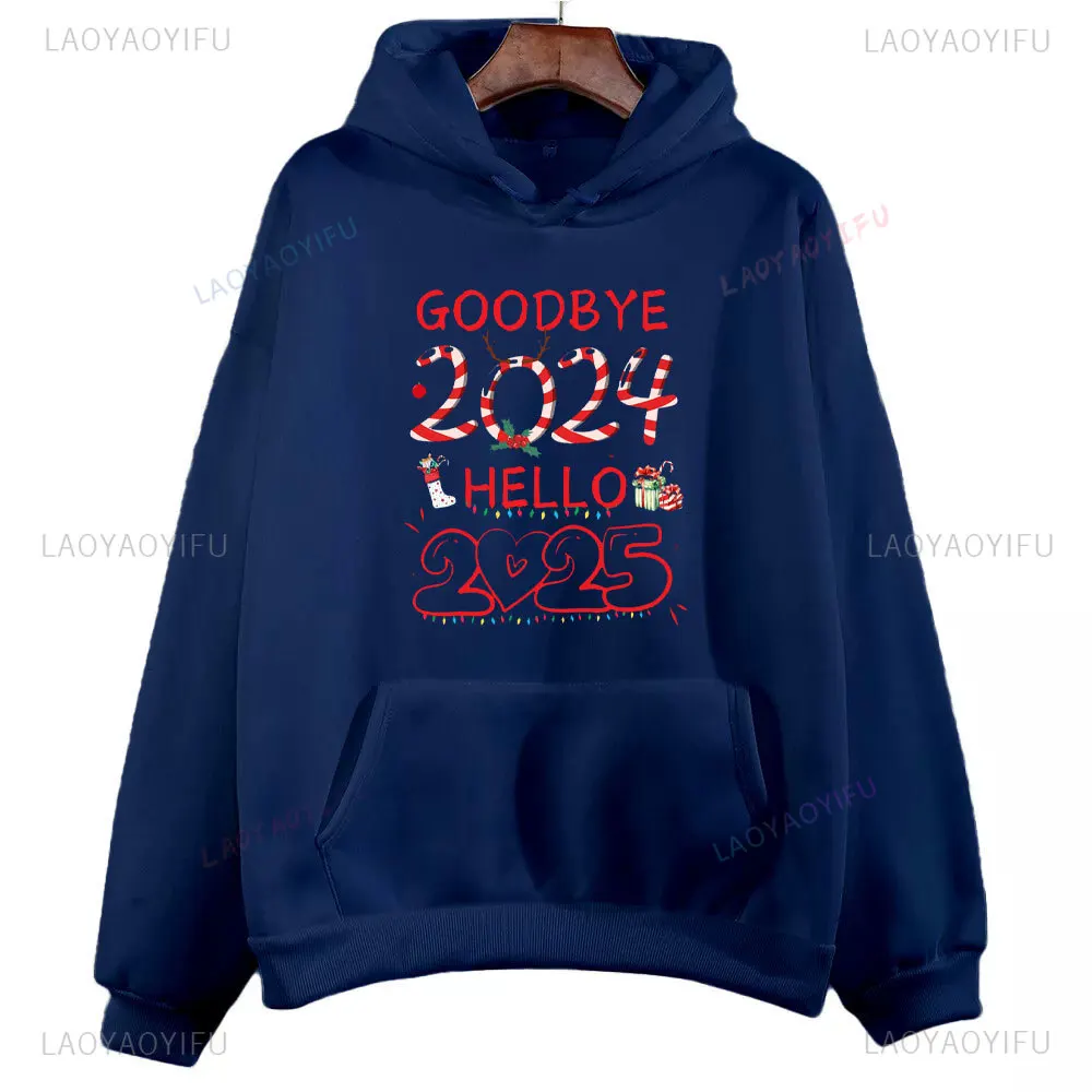 Goodbay 2024 Hello 2025 Christmas Antler Small Colored Light Printed Hoodie Woman Man Autumn and Winter Drop Shoulder Sweatshirt