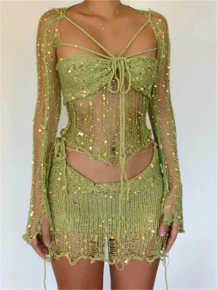 

Women Sequin Knit 2 Piece Skirt Sets Long Sleeve Square Neck Hollow Out Crop Tops + Mini Skirt Beach Club Sexy Retro Streetwear