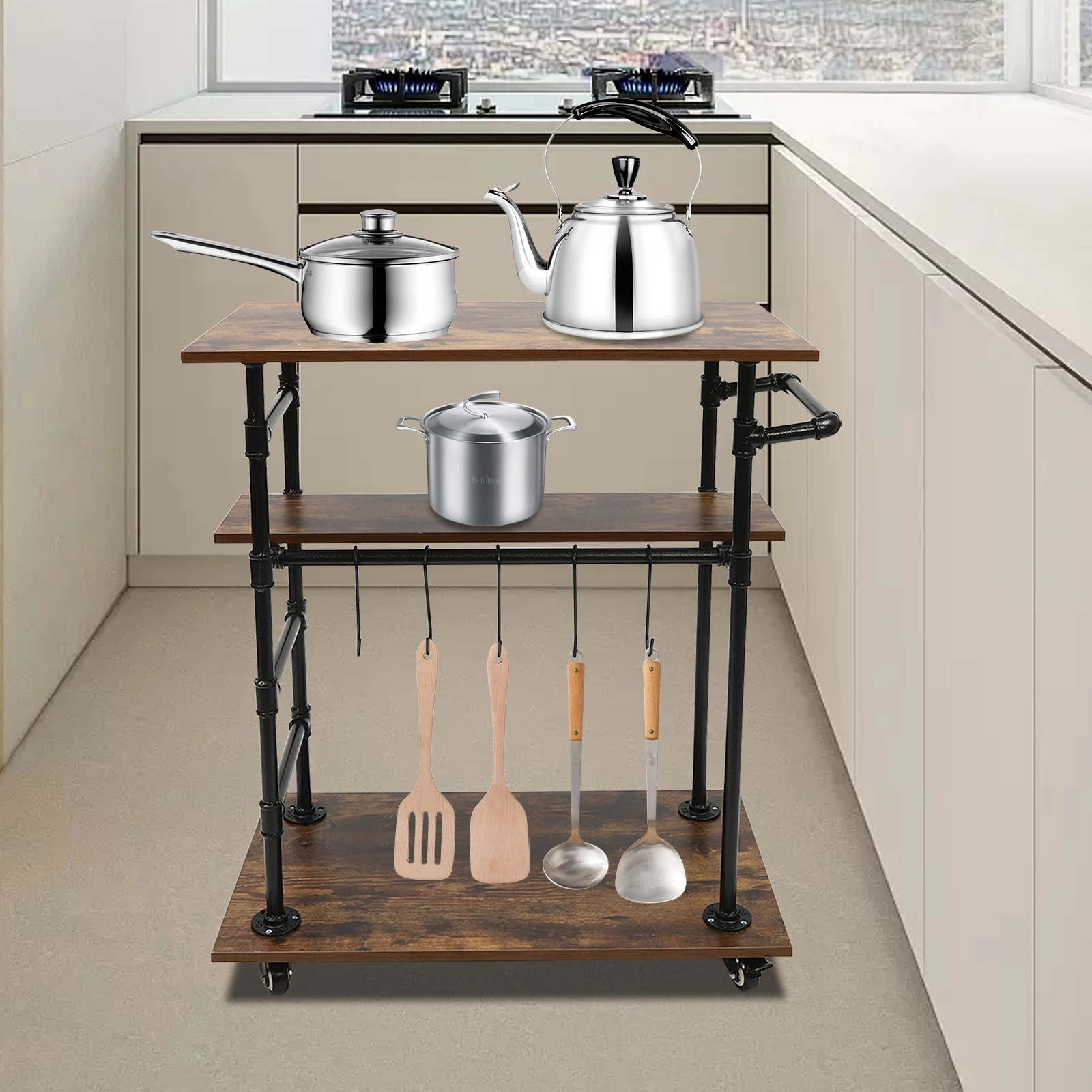 

3 Layers Industrial Kitchen Cart, 3-Tier Storage, Removable Hooks, 4 Universal Wheels, 31.5"L x17.7"Wx39.4"H, with Brakes