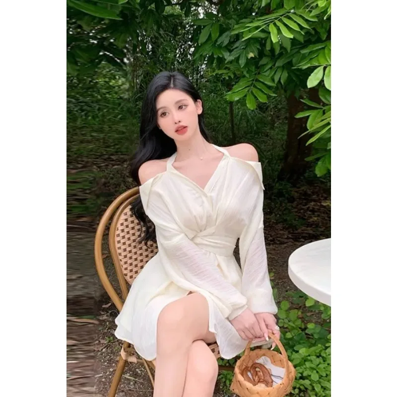 Sukienka koszulowa z odkrytymi ramionami, podkreślająca talię, damska, retro, krótka spódnica, szorty, dwuczęściowy komplet.