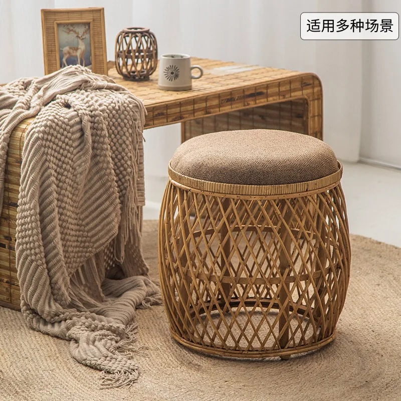 Retro high-grade bamboo woven rattan round B & B makeup dressing coffee coffee table indoor low stool