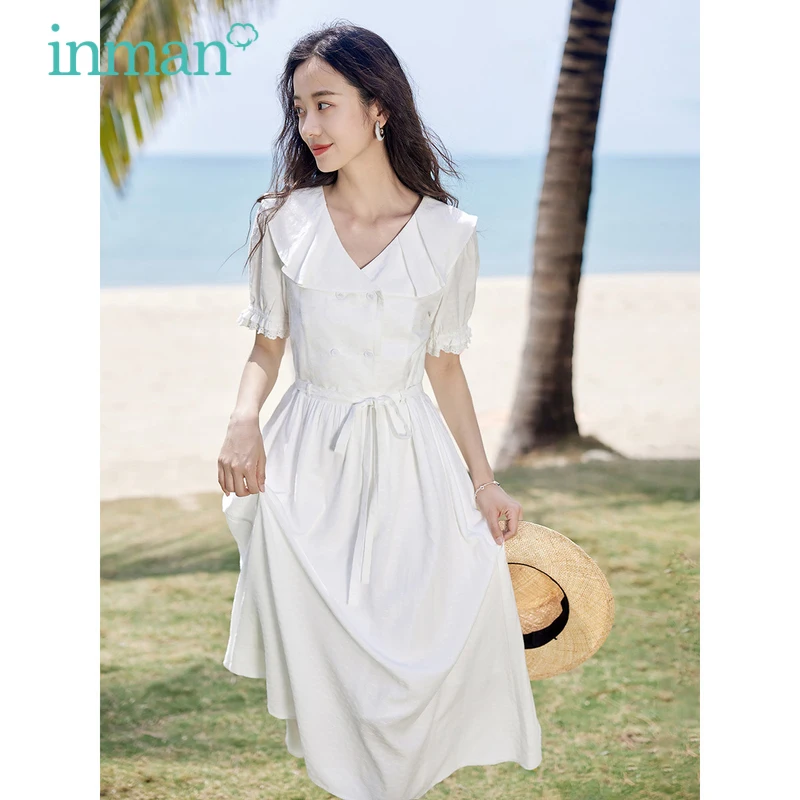 

INMAN Women Dress 2023 Summer Puff Sleeve Ruffled V-neck A-shaped Slim Waist French Temperament Elegant Romantic Long Skirt