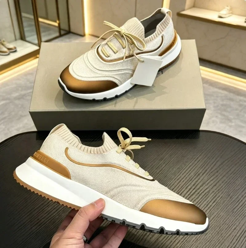 2026 High End Fashion Men Leather Knit Sneakers Polished Casual Comfort Shoes