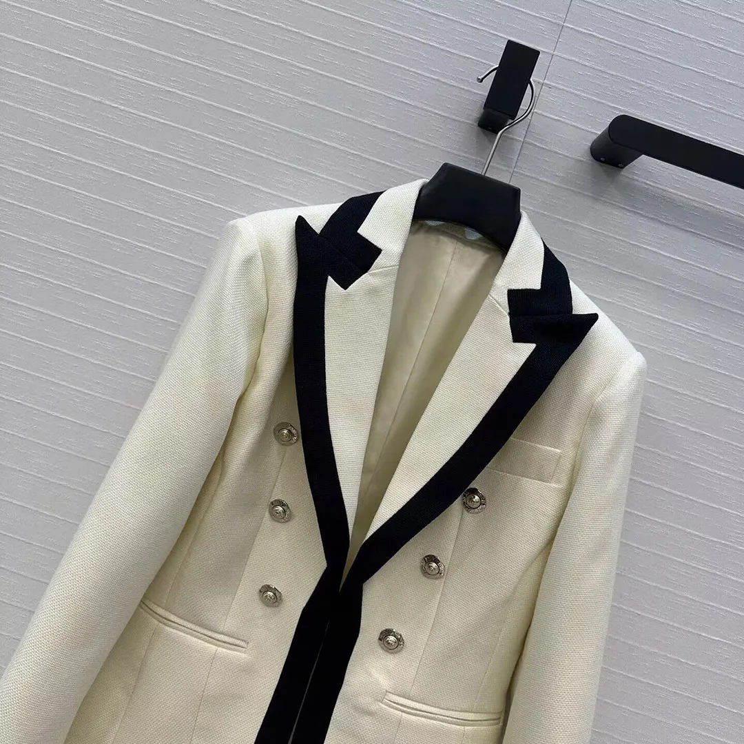 2025 New Autumn Fashion Meltal Double Breasted Blazer Jacket Women Preppy Style Stripe Line Notched Long Sleeve Slim Suit Coat