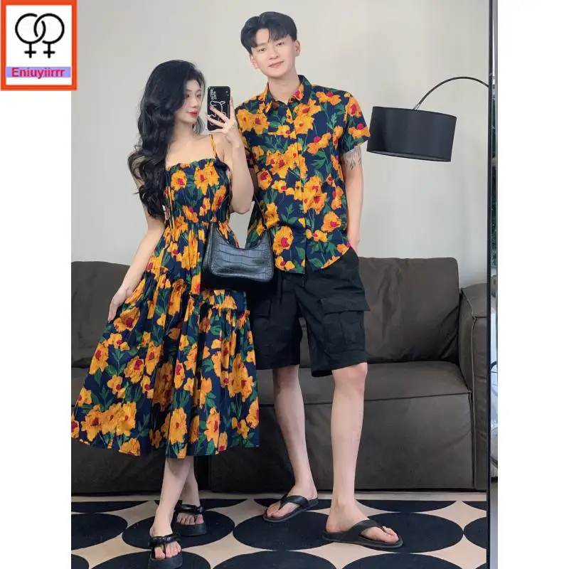 Matching Couple Hoodies Dress Lovers Clothes 2024 Summer Honeymoon Date Holiday Sexy Floral Print Sleeveless Dresses