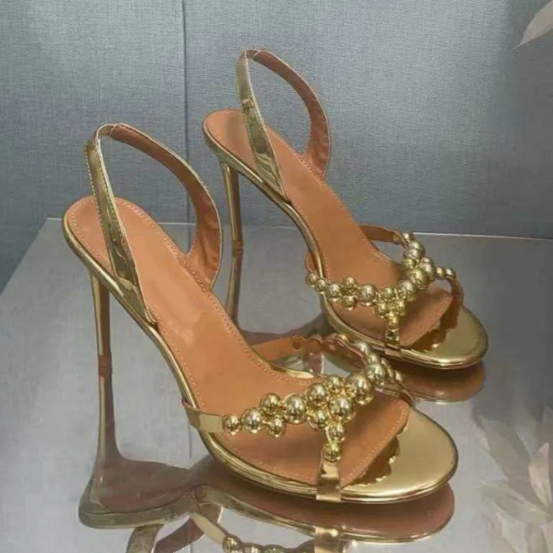 2026European AndAmerican MetalBuckle Pineapple RoundHead Fish Mouth HollowStiletto Sandals Women's Fashion Banquet Walking Shoes