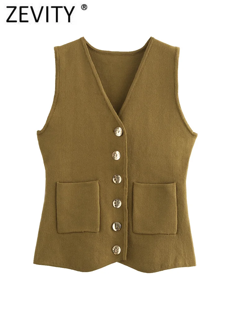 Zevity Women Fashion V Neck Sleeveless Golden Button Knitting Vest Sweater Female Chic Pockets Waistcoat Pullovers Tops SW7144