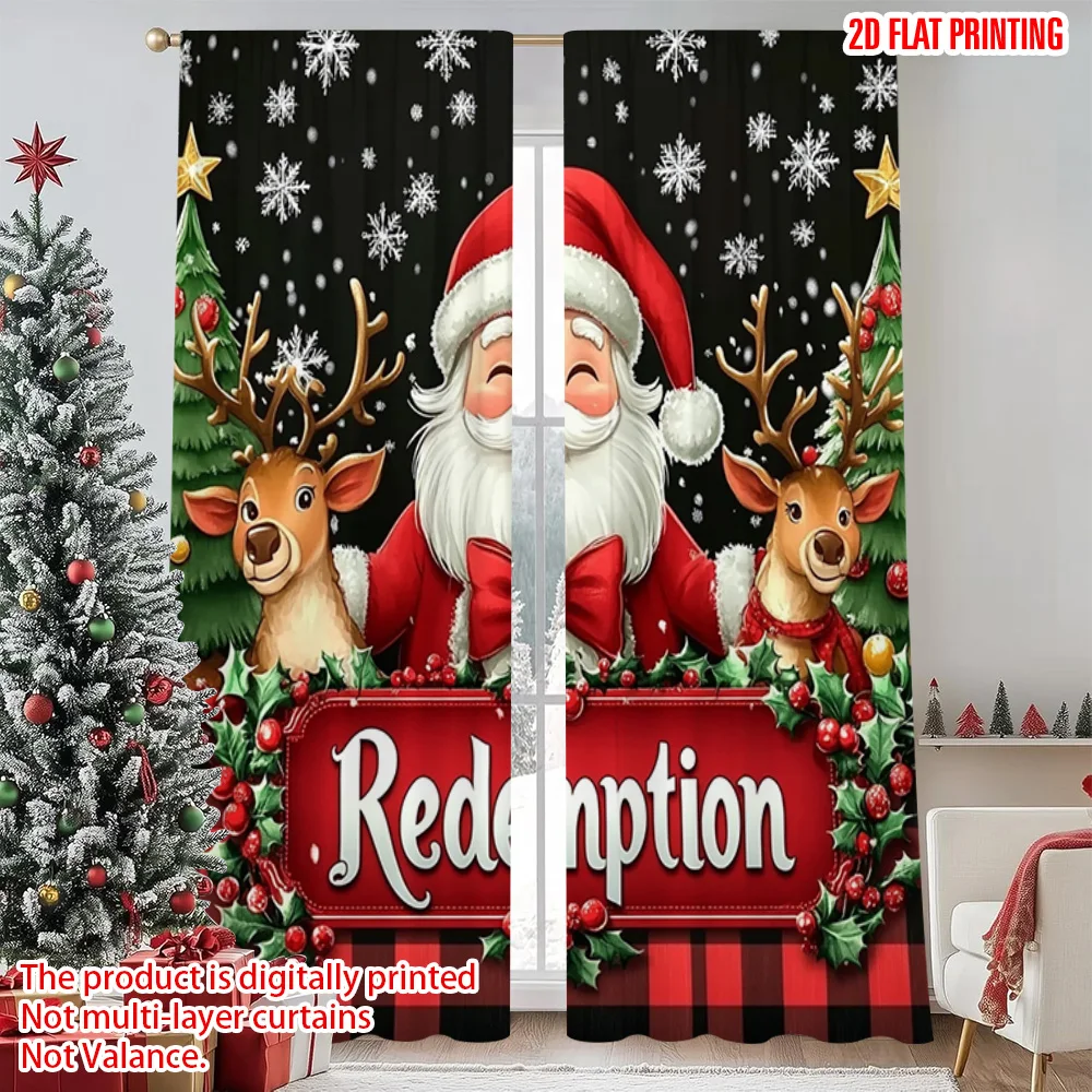 

2pcs 2D flat printing Christmas Drapes Merry Christmas Eve Machine Washable Fabric Without Electricity Festive Curtains Use for