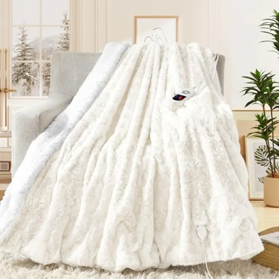 

Heated Blanket Electric Throw 50"x60" Faux Rabbit Fur Sherpa Blankets with 6 Heating Sets and 12 Hours Auto Off Warm Gifts for