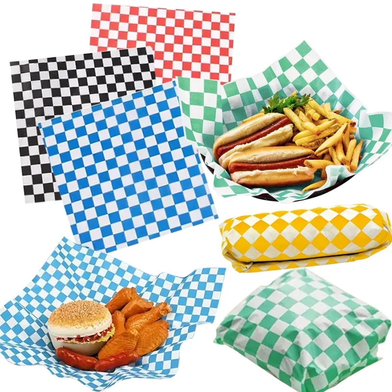 100 Piezas de Papel con Patrón de Tablero de Ajedrez, Papel de Envolver para Sándwiches Resistente al Aceite de Alta Calidad, Apto para Pollo Frito, Papas Fritas, Papel para Hamburguesas, Revestimientos para Cestas de Embutidos, Sándwiches para Barbacoa y Picnic
