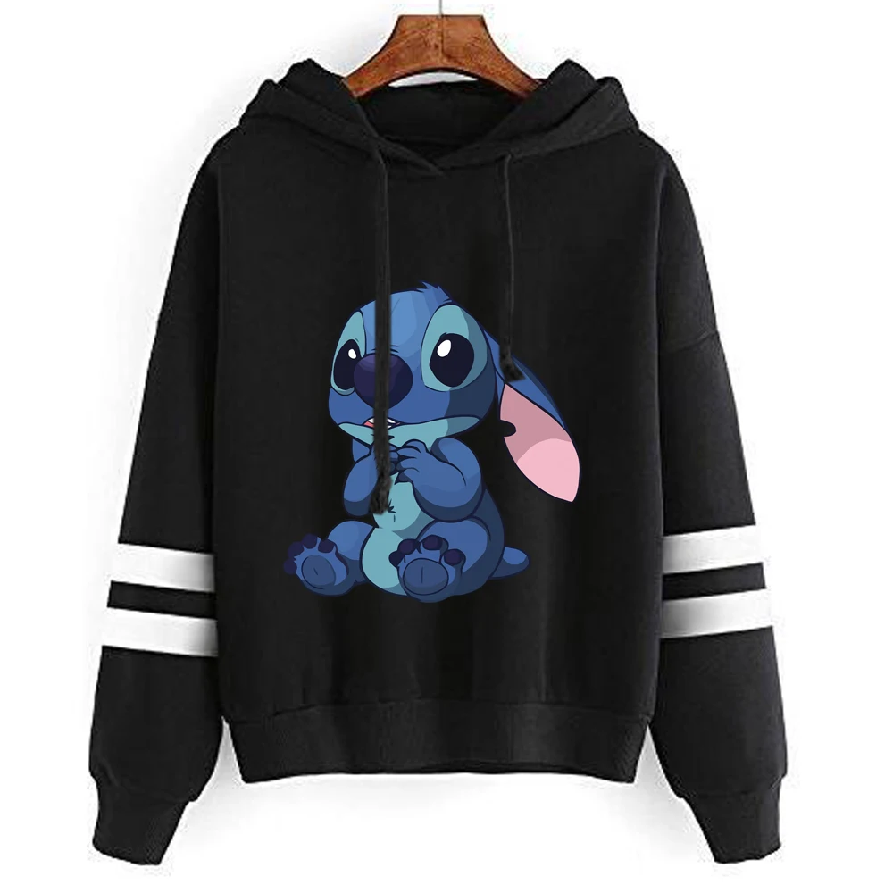 Sudadera con capucha de Disney Stitch para mujer, sudadera con cordón de retazos, jersey con estampado a rayas, camisa de manga larga, moda de otoño