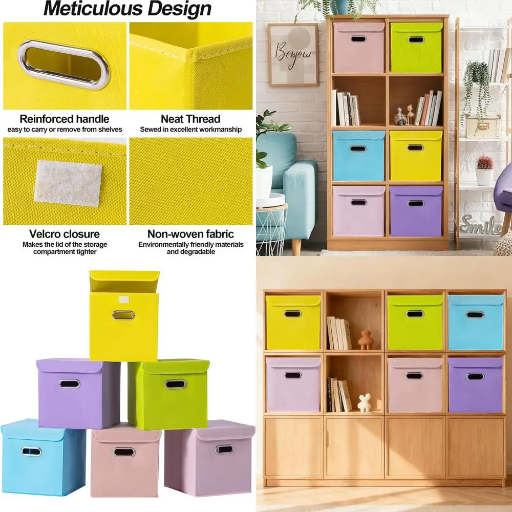 

Складные тканевые корзины для хранения с крышками и ручками, набор из 6 штук, разноцветные, для шкафа, офиса, прачечной и полок