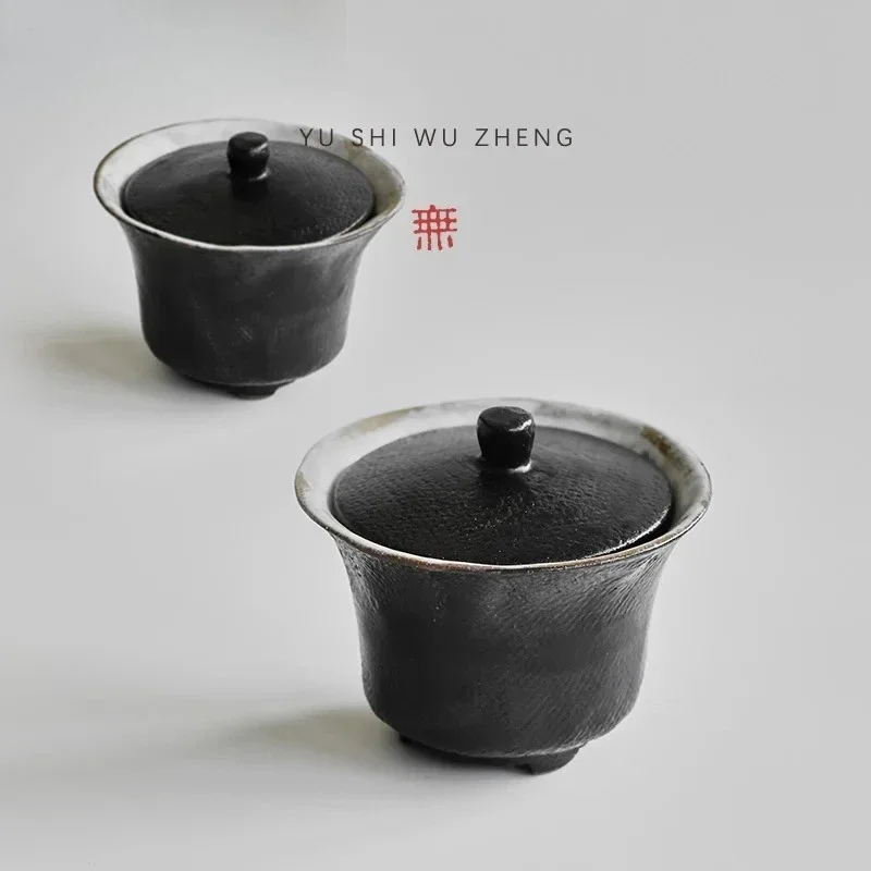 130ml Black Lacquer Coarse Pottery Gaiwan Handmade Three Legged Tea Tea Tureen Making Cover Bowl for Kung Fu Collection Gift