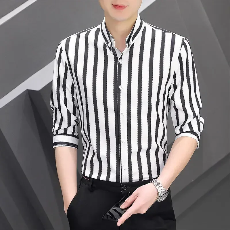 

Spring Summer Shirts Turn-down Collar Three Quarter Sleeve Striped Button Office Business Casual Formal Printing Men's Clothing