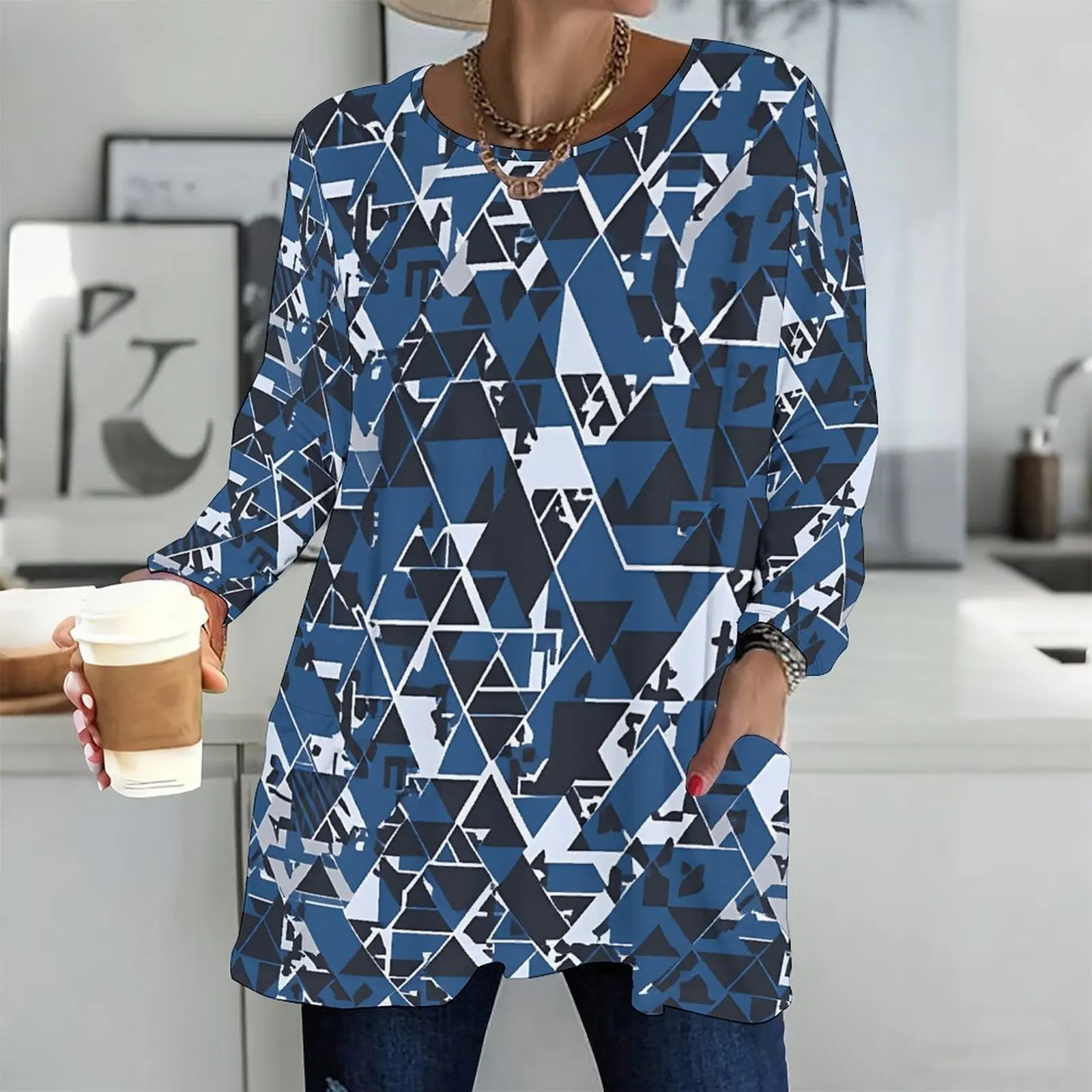 Printed Top for Women Round Neck Long Sleeve Front Pockets Loose Fit Longline 3