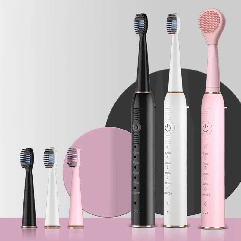 Escova de dentes elétrica sônica para adultos e crianças vibrador ultrassônico branqueador IPX7 4 cabeça de escova tipo bateria rosa