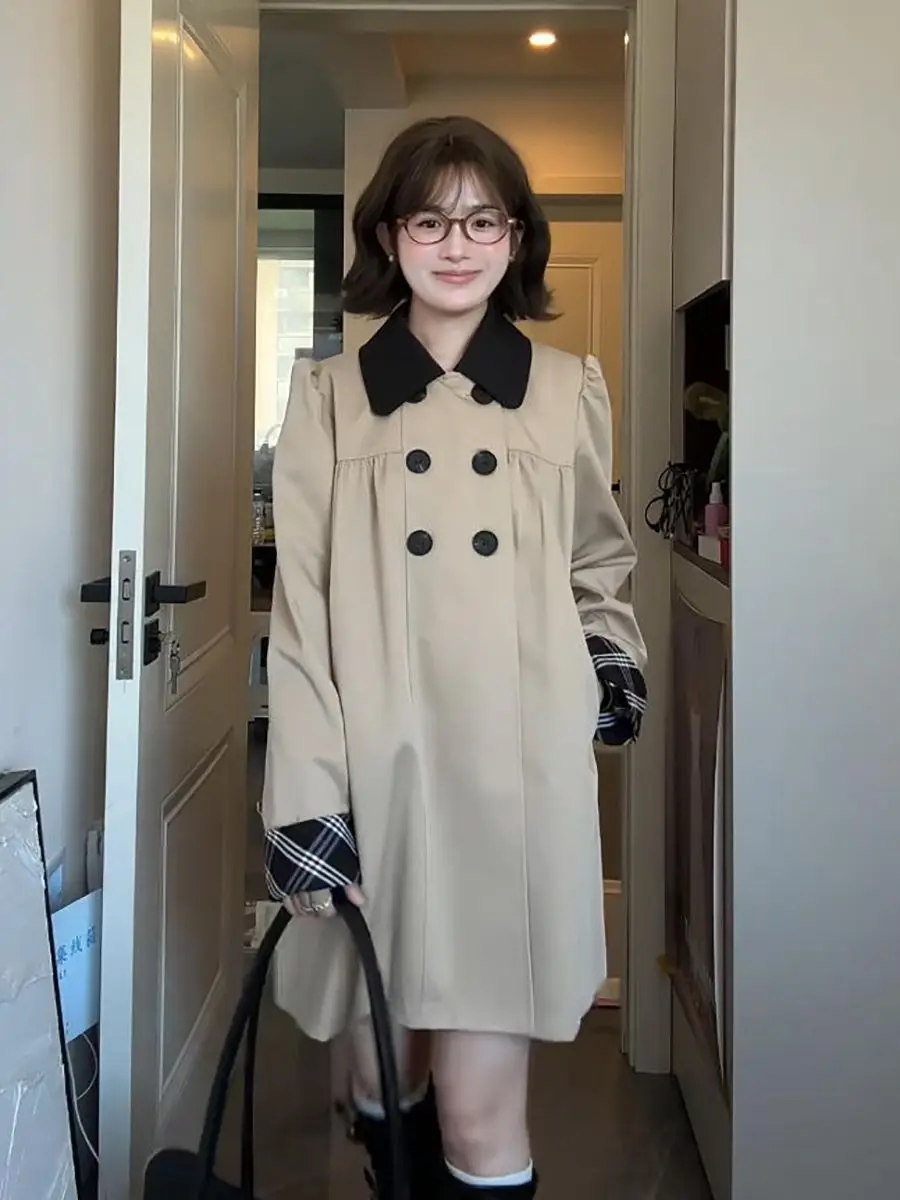 Khaki Plaid Mid-Length Women's Jacket Coat Casual Style Standard Version 2026 Autumn New Small Size Coat Large Coat